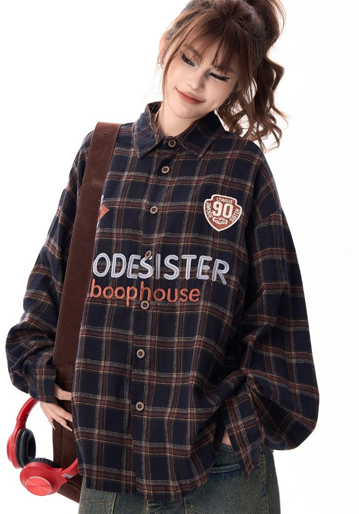 【H GANG X】College logo design American casual style over check long sleeve shirt  HX0093