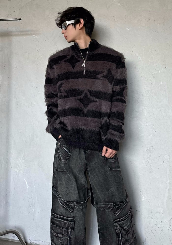 【MARTHENAUT】Monotone style half zip border star knit sweater  MH0046