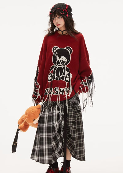 【Eleven shop97】Subculture bear illustration front design red knit sweater  ES0030