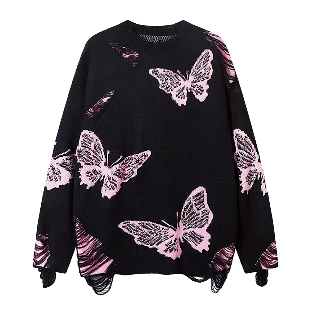 【NIHAOHAO】Random butterfly design fully distressed over-knit sweater  NH0226
