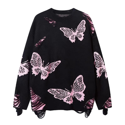 【NIHAOHAO】Random butterfly design fully distressed over-knit sweater  NH0226