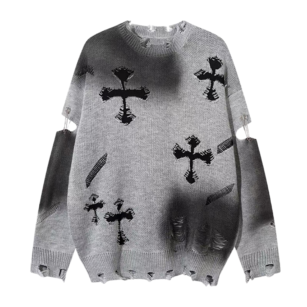 【NIHAOHAO】Random wash and cross design fully distressed knit sweater N ...