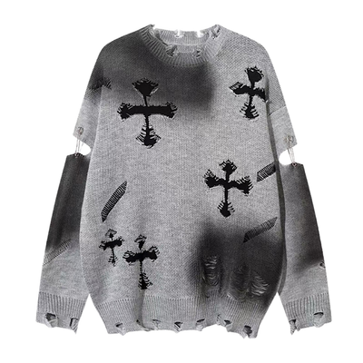 【NIHAOHAO】Random wash and cross design fully distressed knit sweater  NH0225
