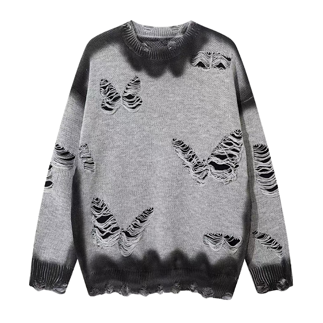 【NIHAOHAO】Multi-butterfly design paint-based washed distressed knit sw ...
