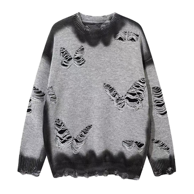 【NIHAOHAO】Multi-butterfly design paint-based washed distressed knit sweater  NH0227