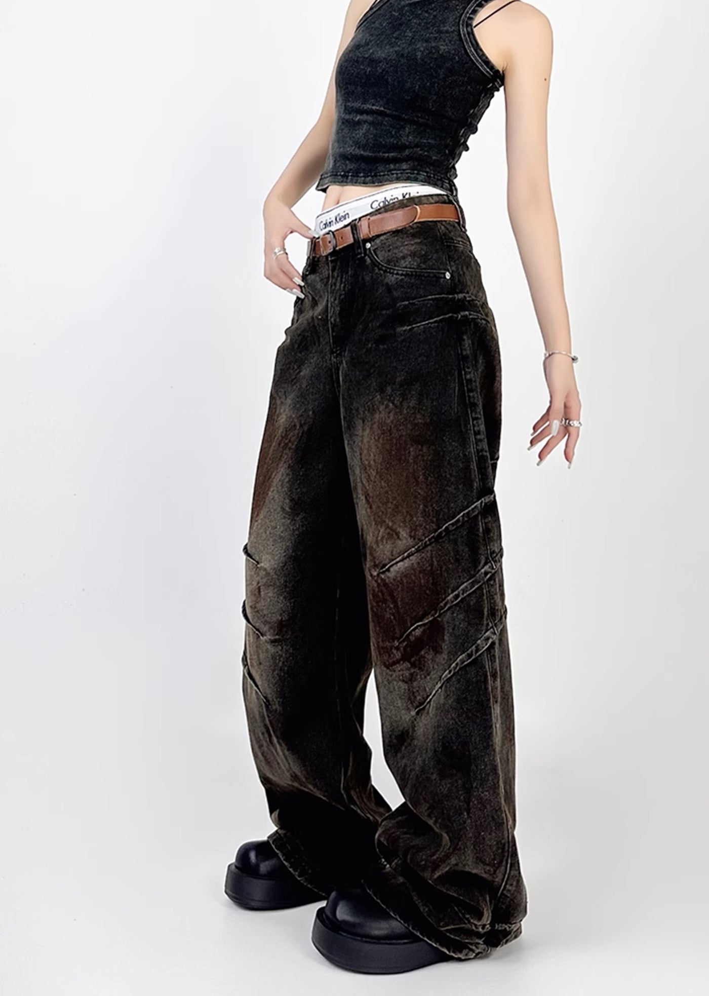 【4/29新作】Double claw mark design grunge rust color wide denim pants  HL3039