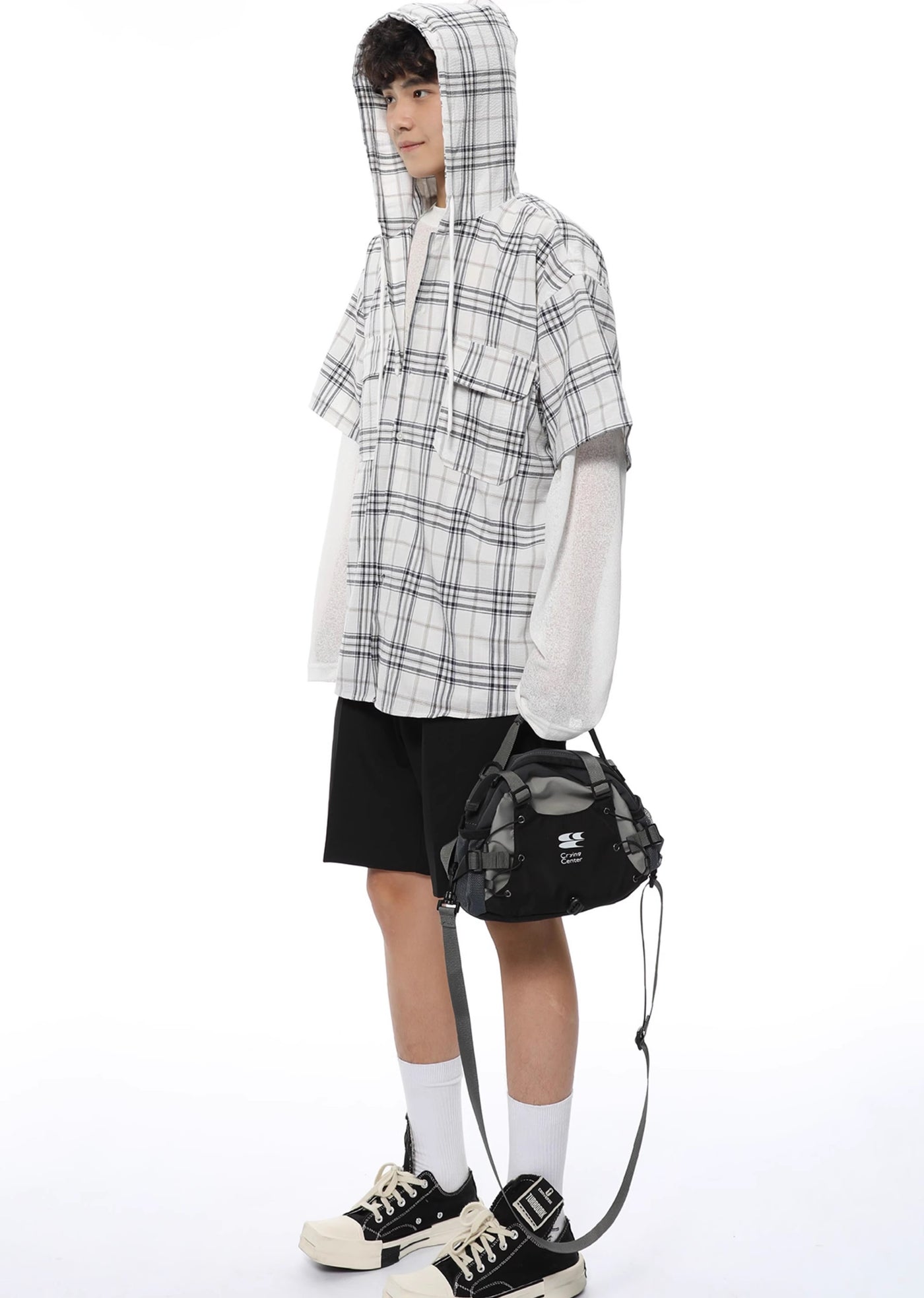 【Future Boy】Pastel coloring regular check pattern hoodie short sleeve shirt  FB0006