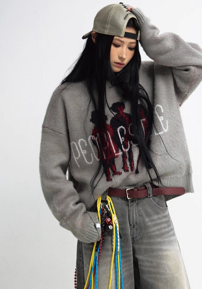 【People Style】Front art design initial logo just knit sweater  PS0048