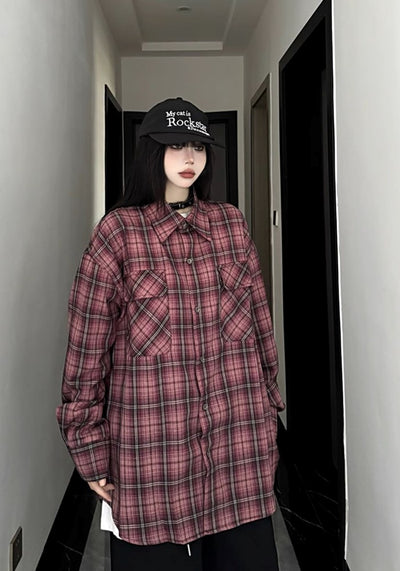 【W3】Basic dark color check pattern design long sleeve shirt  WO0085