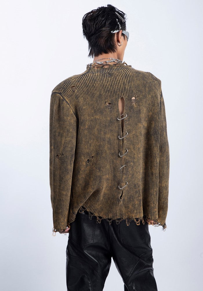 【PLAN1ONE】Tight silhouette mid-length distressed long-sleeved T-shirt  PL0042