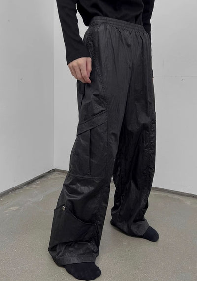 【SOULWORKER】Shiny faux fabric wide silhouette balance color wide pants  SW0038