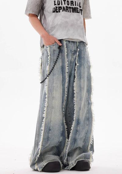 【BTSG】Fringe full design distressed broken dull blue denim pants  BS0023