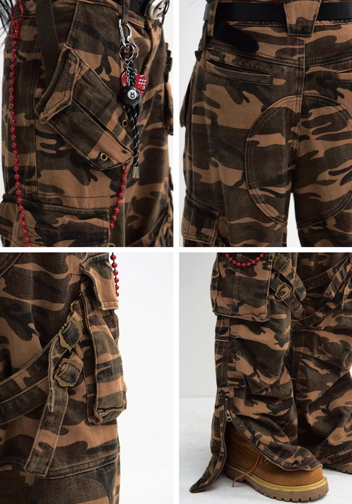 【People Style】Wide silhouette camouflage design dark color cargo pants  PS0044