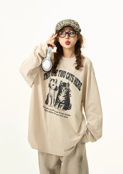 【H GANG X】Front cat design dull base color wash long sleeve T-shirt  HX0063