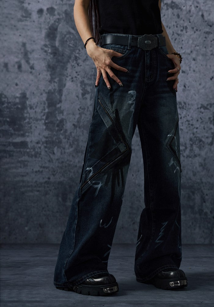 【NOMANIAI 】Blood Darkness Design Color Flame Wide Denim Pants  NA0004