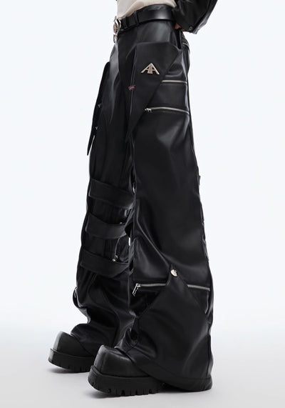 【Culture E】High-level gimmick silhouette leather design wide pants  CE0153