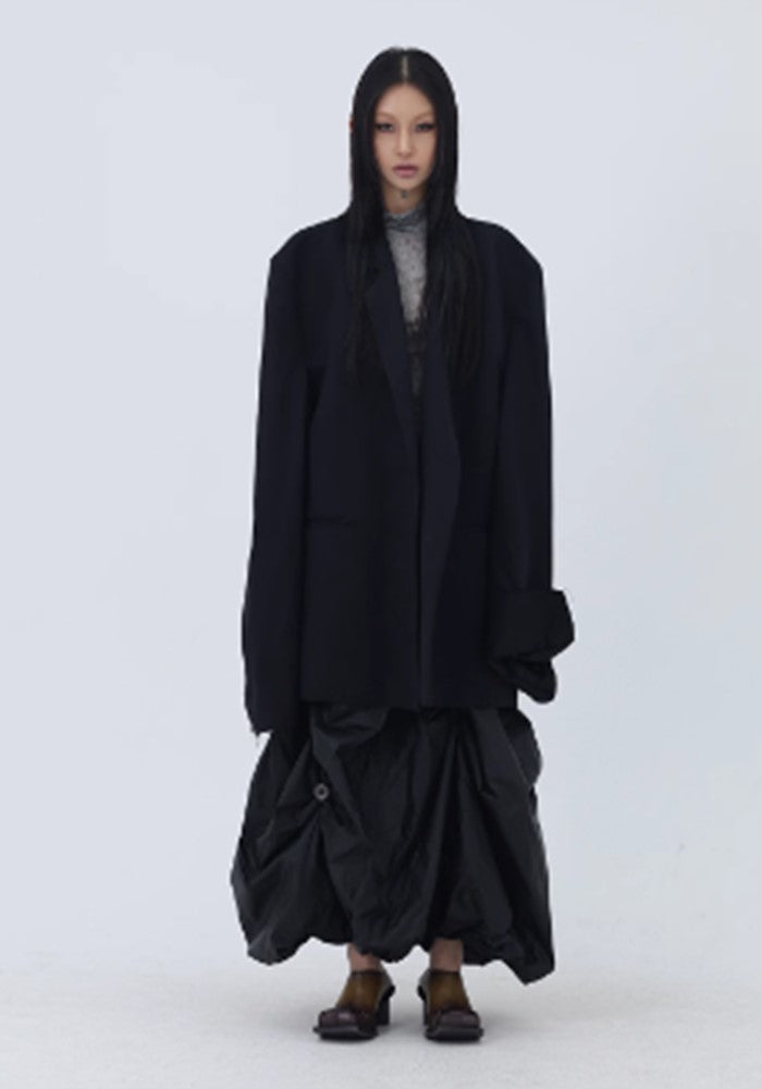 【FUZZYKON】Special tuck design silhouette black wide poncho style skirt pants  FK0033