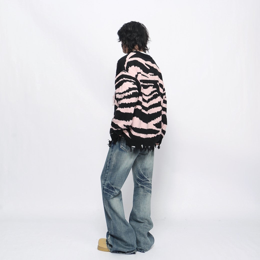 【Mz】Front fringe butterfly design mid-length distressed knit sweater  MZ0046