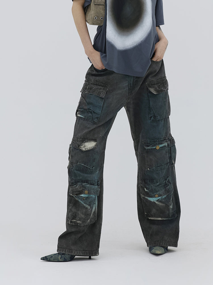 【FUZZYKON】Tie dye three-dimensional pocket street wide leg pants FK0012