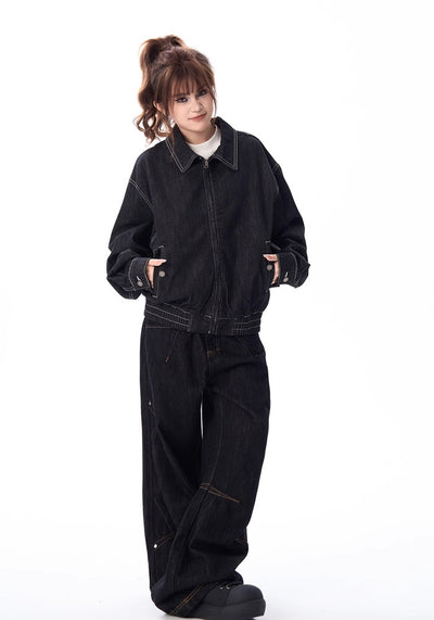 【H GANG X】Line seam design basic style denim wide pants  HX0083