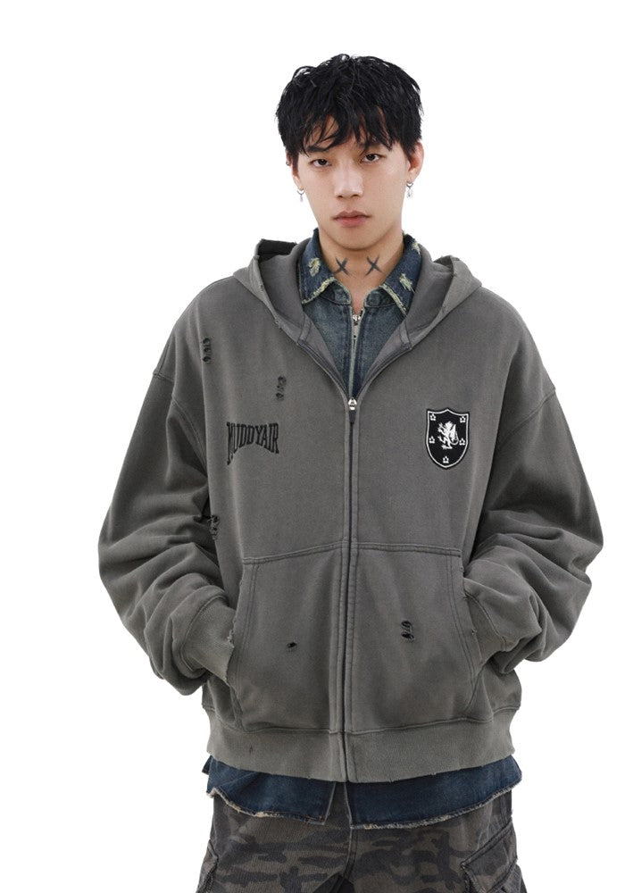 【MR nearly】Dull base color mid-length design damaged full zip hoodie  MR0142