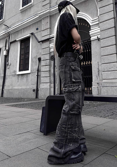 【TR BRUSHSHIFT】Simple double pocket design dull black cargo denim pants  TB0038