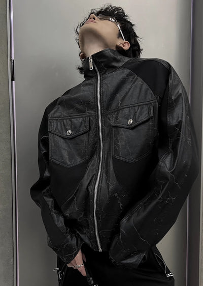 【SOULWORKER】Black Gimmick Leather Wide Full Zip Jacket Outerwear  SW0019