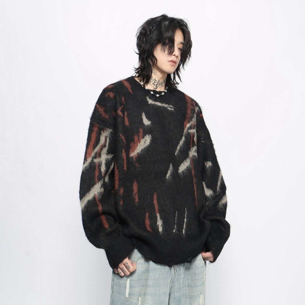 【Mz】Dark multi-color design mohair silhouette knit sweater  MZ0039