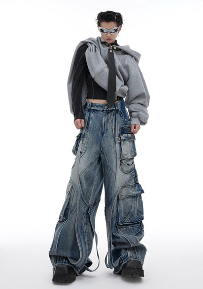 【Culture E】Wide gimmick silhouette mid-wash chain denim cargo pants  CE0155