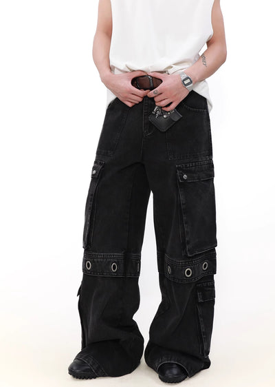 【MR nearly】Multiple gimmick design belt and pocket cover denim pants  MR0130