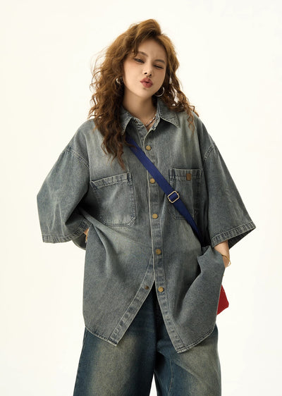 【H GANG X】Dull washed loose silhouette mature style short sleeve denim shirt  HX0060