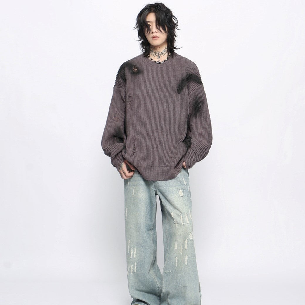 【Mz】Dark dull purple point wash line damage knit sweater  MZ0040