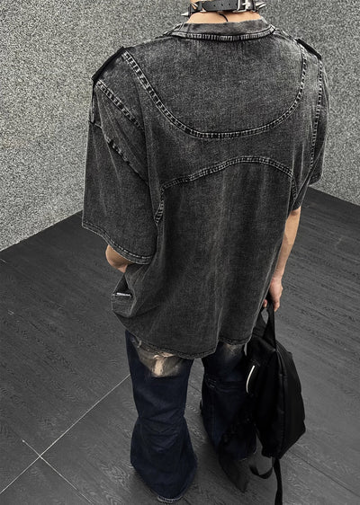 【MAXDSTR】Dull washed belt patch design short sleeve T-shirt  MD0142