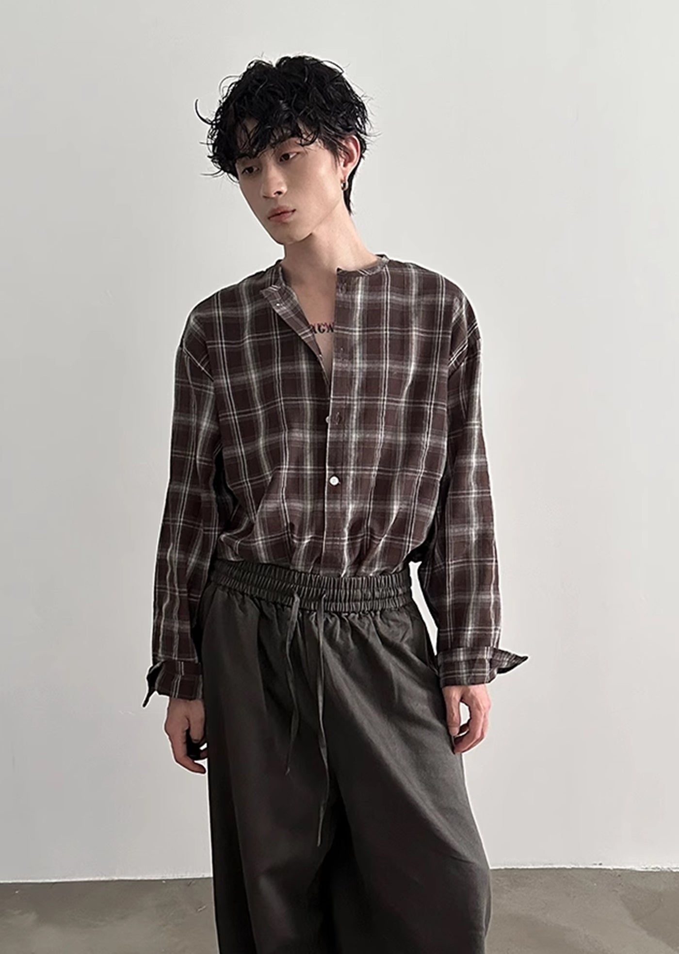 【Very Fewest】Natural U-neck design basic check long sleeve shirt  VF0032