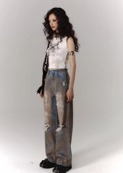 【YUKAHOUSE 】Grunge countless stains middle damage wide flare silhouette denim pants  YO0008