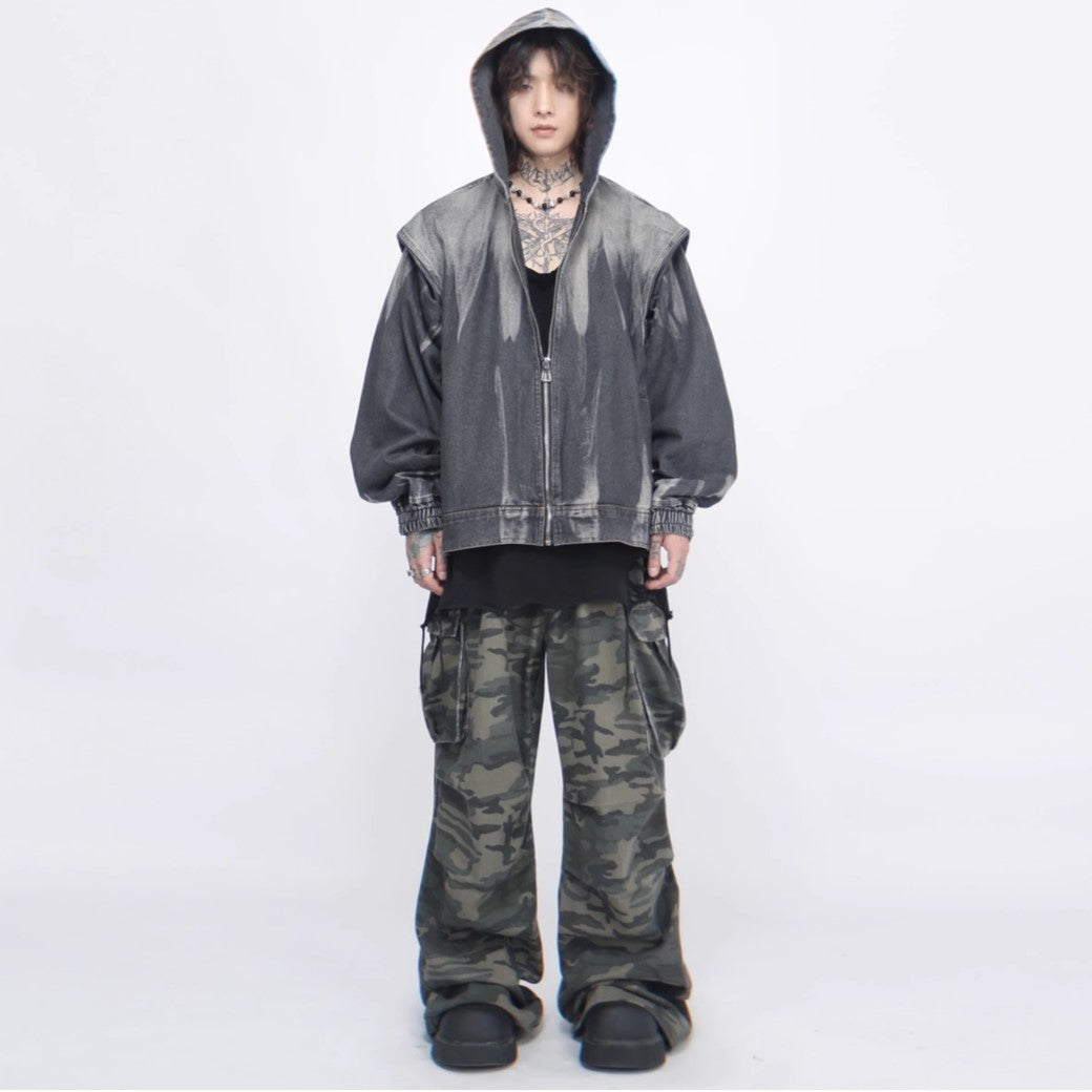 【Mz】Grunge monotone wash design full zip hoodie  MZ0027