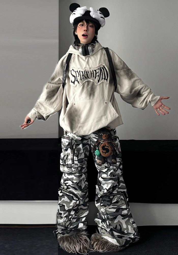 【TR BRUSHSHIFT】Monotone camouflage design three-dimensional wide cargo pants  TB0056