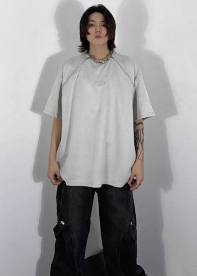 [76street] Dull one-point logo design shoulder zipper short sleeve T-shirt ST0007