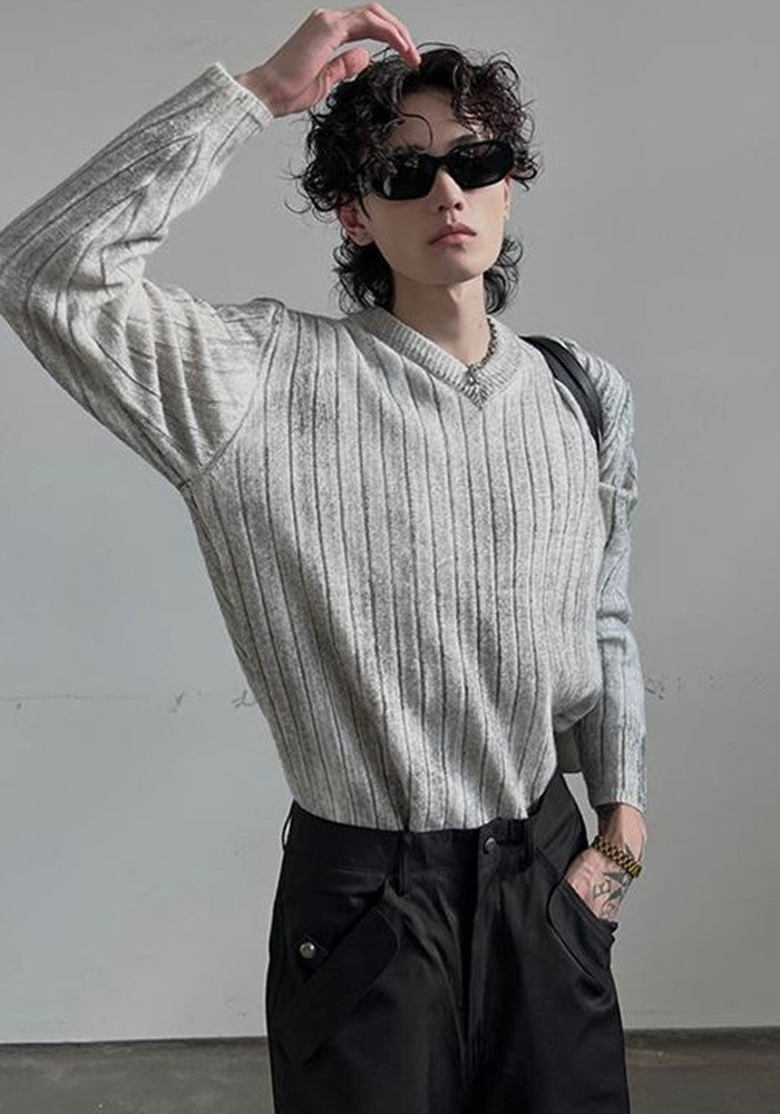 【SOULWORKER】Vertical stripe mid-wash loose style knit sweater  SW0033