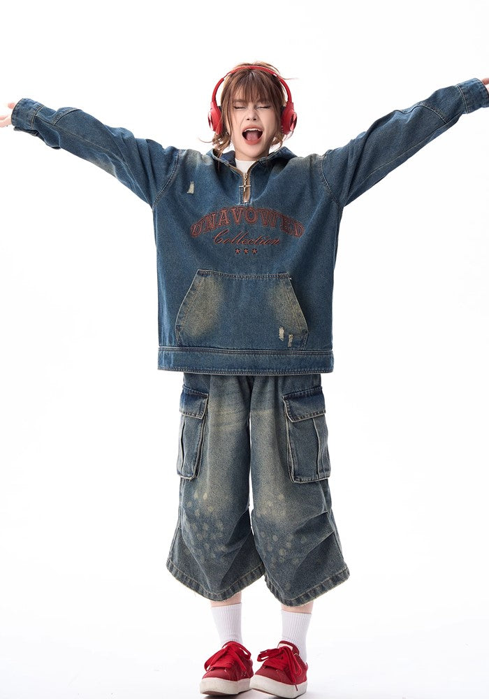 【H GANG X】Double-wash vintage denim overdesign hoodie  HX0087