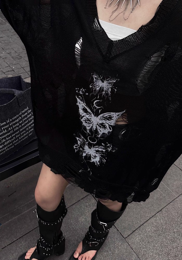 【TR BRUSHSHIFT】Mid-length distressed butterfly design sheer knit  TB0051