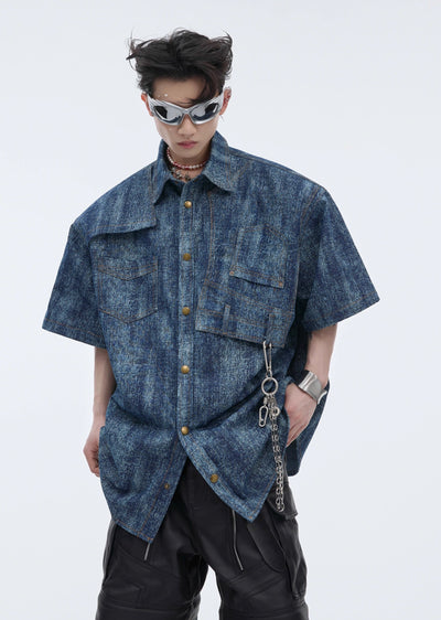 【Culture E】Dull blue color, stylish over-stripe short-sleeved shirt  CE0123
