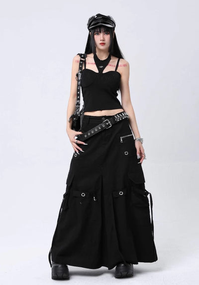 【ROY11】Wide over silhouette gimmick black skirt  RY0005