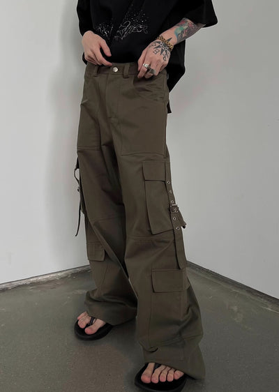 【SOULWORKER】Side suspender design wide style loose cargo pants  SW0029