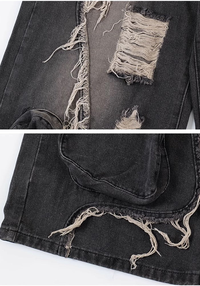 【VINMUK】Line damage full design dull black denim wide pants  VM0001