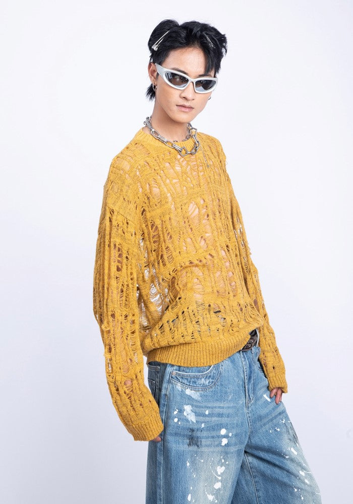 【PLAN1ONE】Mesh-like fully distressed accent fleur knit sweater  PL0044