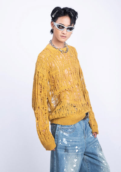 【PLAN1ONE】Mesh-like fully distressed accent fleur knit sweater  PL0044