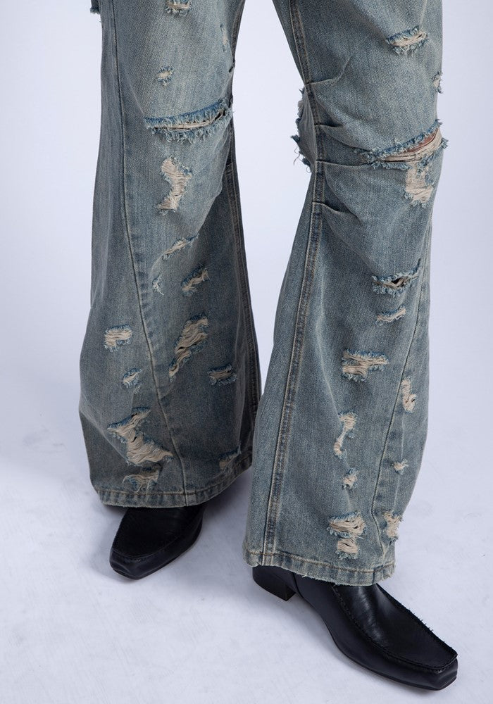 【PLAN1ONE】Grunge scattered distressed vintage style flared denim pants  PL0043