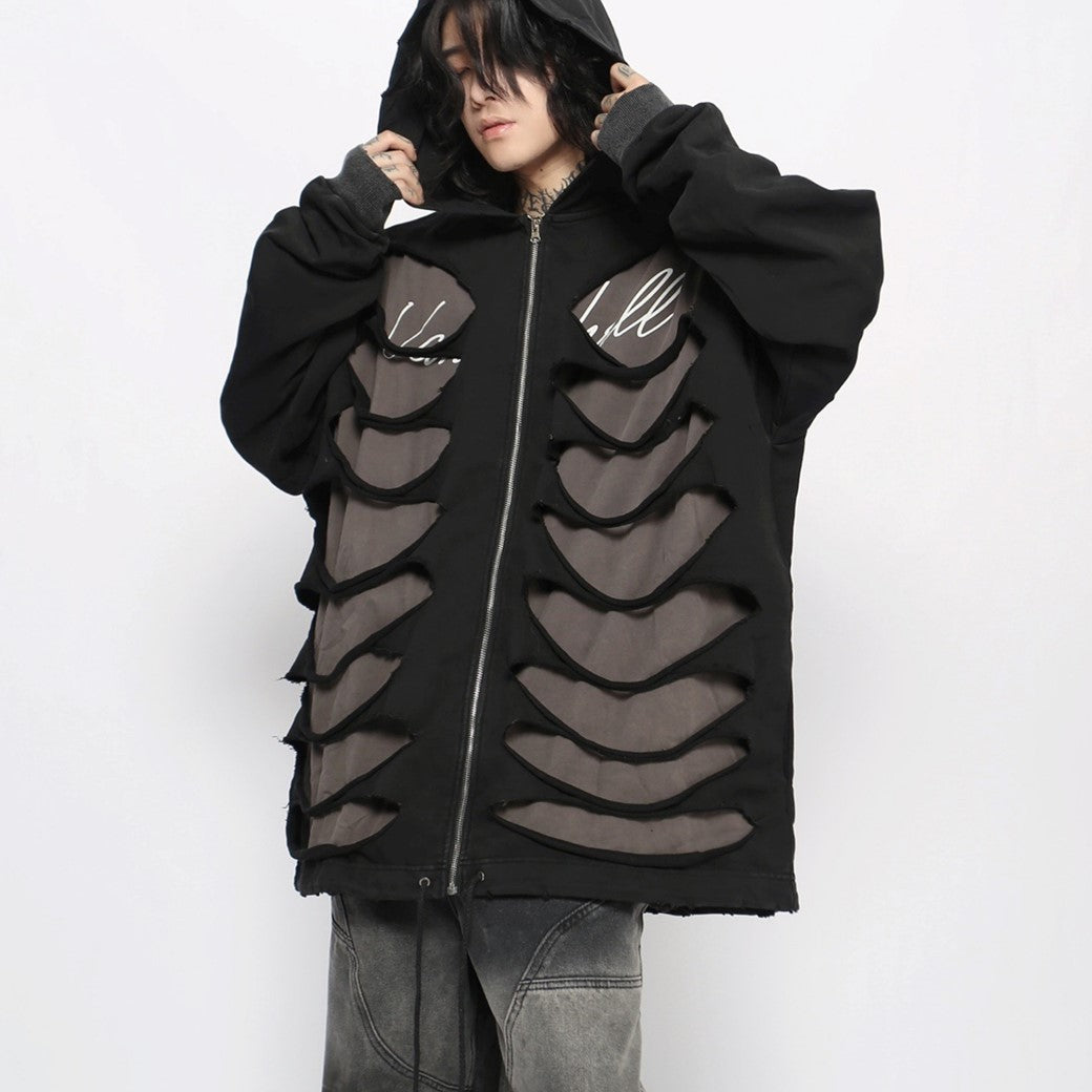 【Mz】Double layer bone-like gimmick design damage wide hoodie  MZ0037