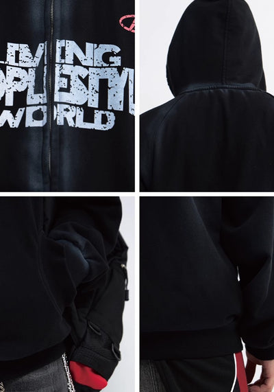 【People Style】Wordler Dull Base Wash Full Zip Initial Hoodie  PS0042